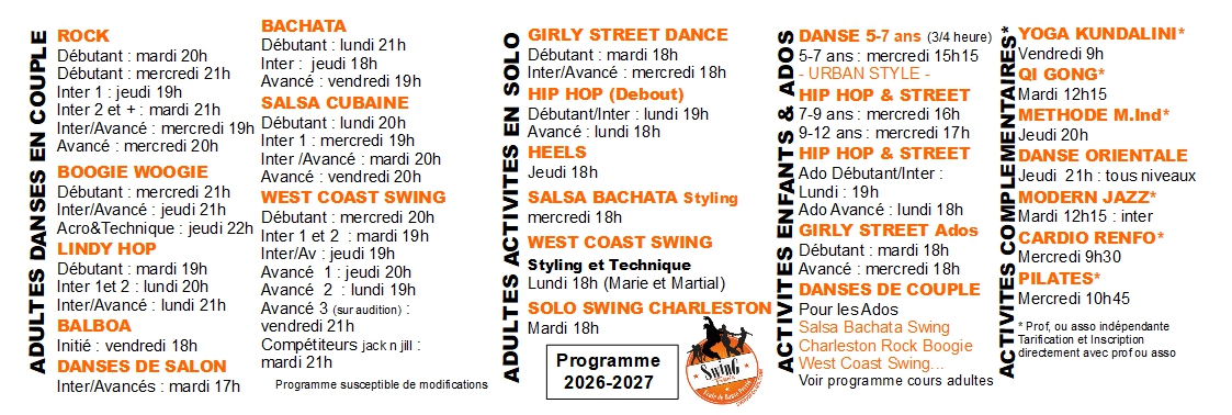 Programme des cours Swing Folies pour la saison 2026–2027