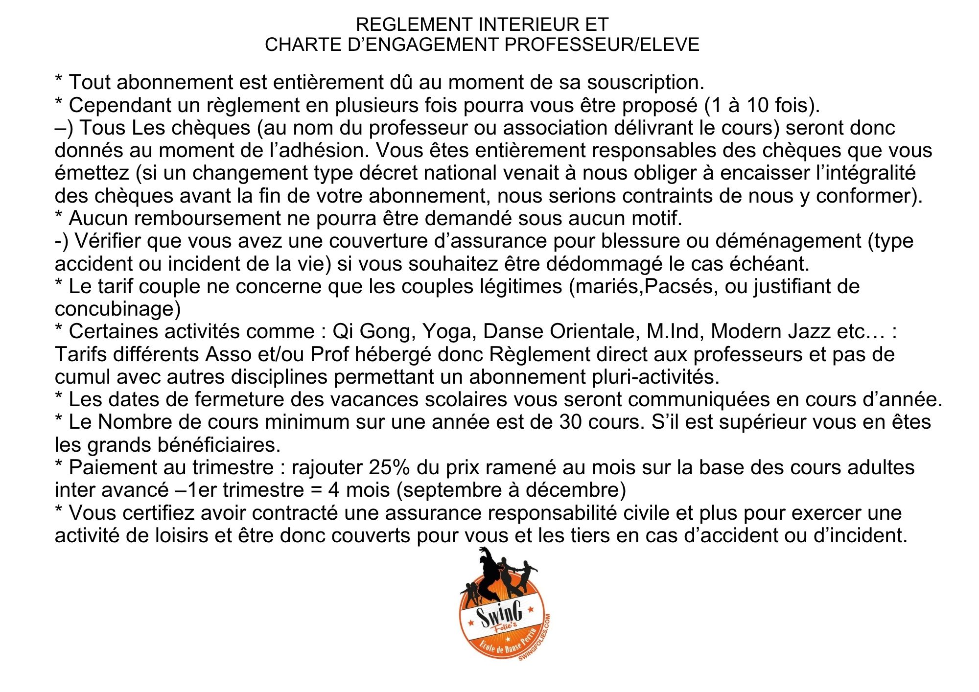 Règlement intérieur et charte d’engagement professeur élève de Swing Folies
